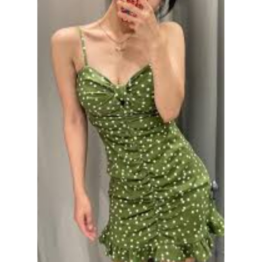 NWT Zara Green Polka Dot Ruched Mini Dress Linen Blend Sz Small